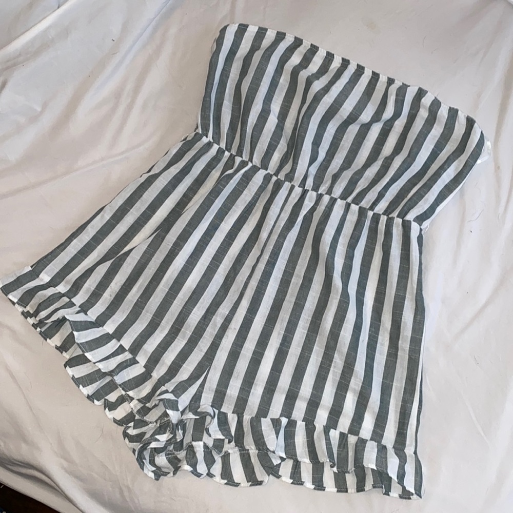 Shein, strapless romper blue and white vertical strips,